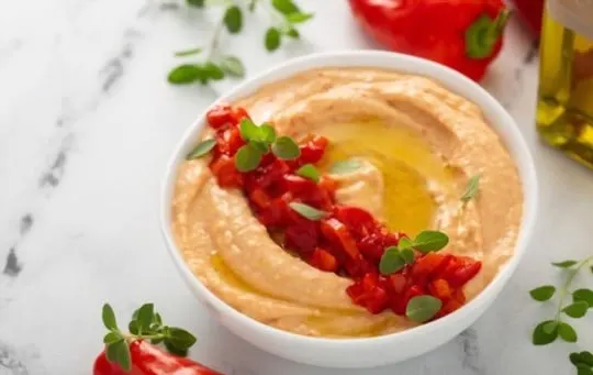 red pepper hummus with chickpeas feta